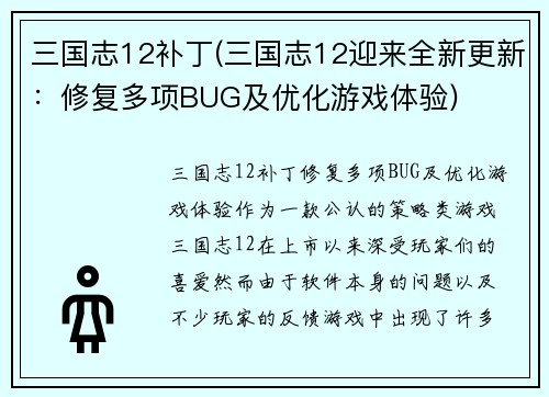 三国志12补丁(三国志12迎来全新更新：修复多项BUG及优化游戏体验)